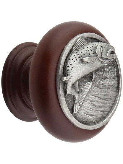 Leaping Trout Wood Knob in Cherry/Antique Pewter.